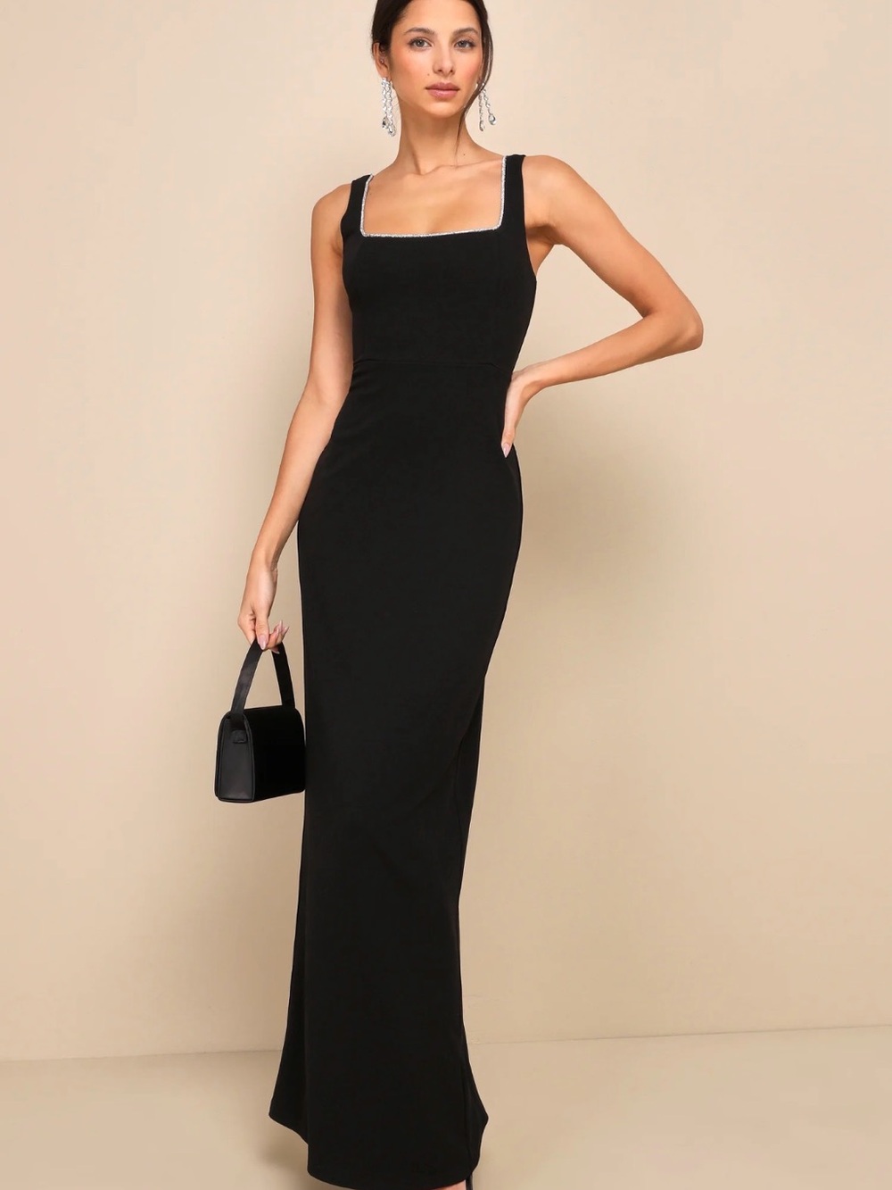 Timeless Poise Black Rhinestone Square Neck Backless Maxi Dress - Picture 1 of 3